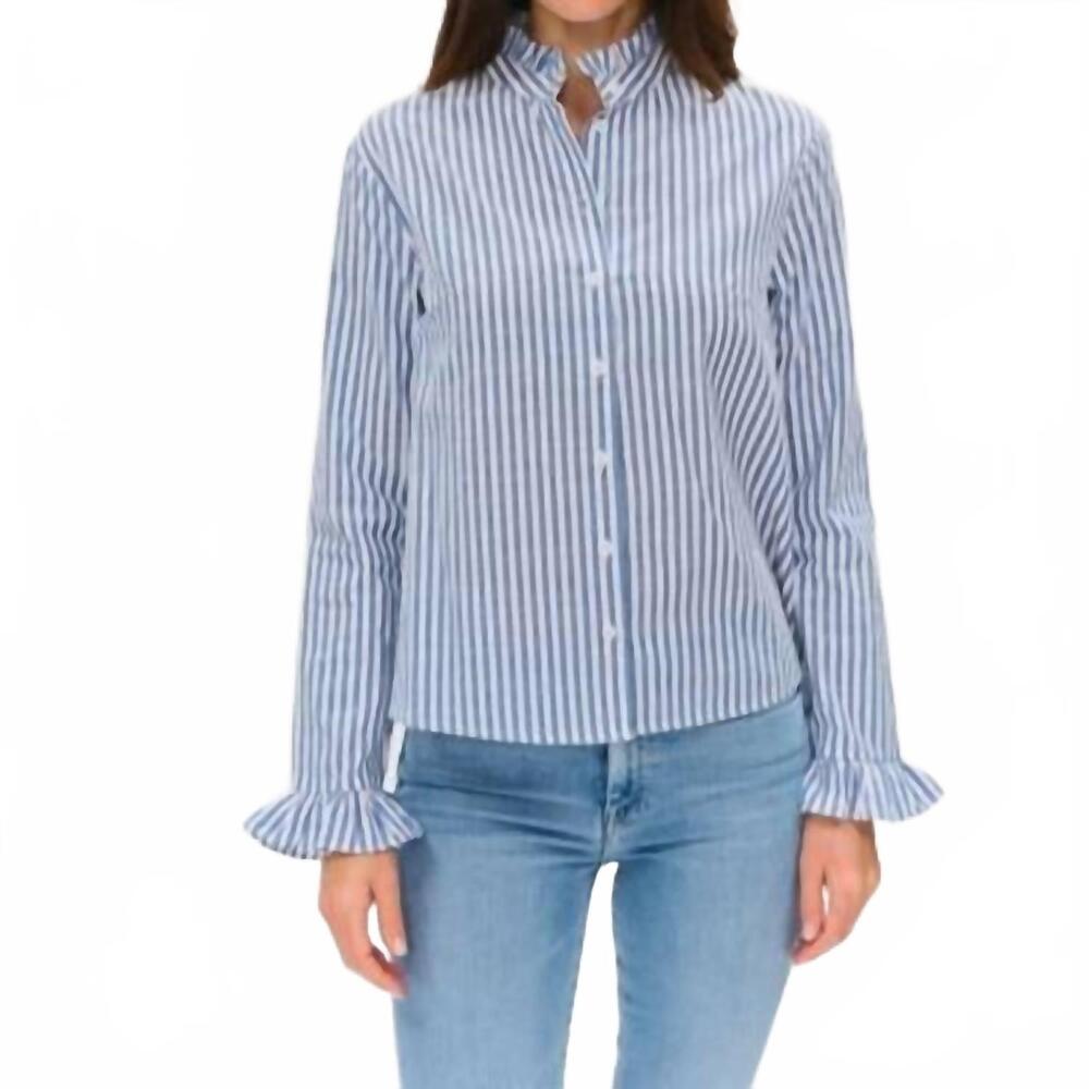 NEW SIX/FIFTY holland poplin striped ruffle detailed blouse in blue